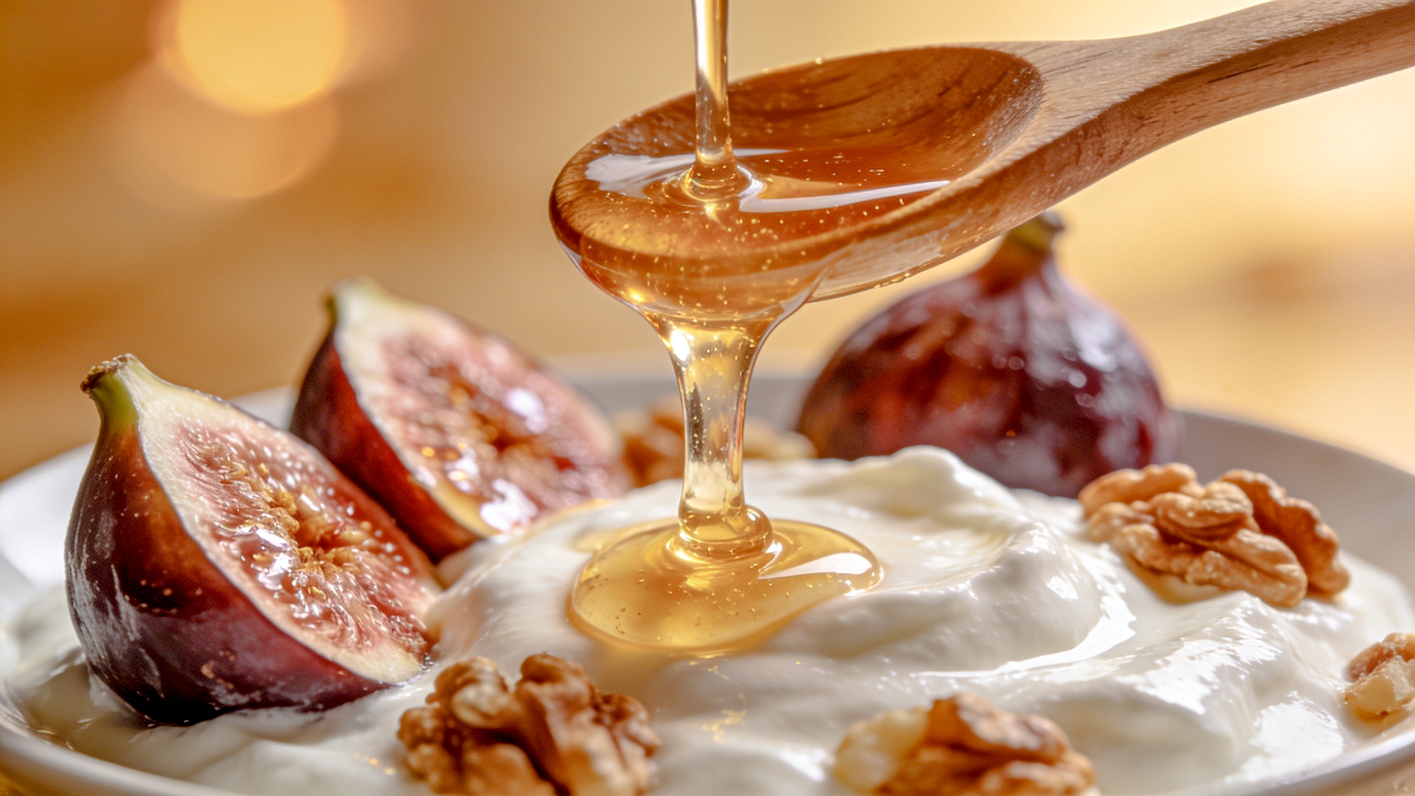 Close up of honey drizzling over creamy greek yogurt with fresh